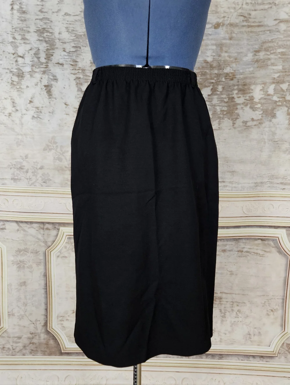 Vintage Black Pencil Skirt S M 90s Office Secretary Elastic Waist Pockets 9-5